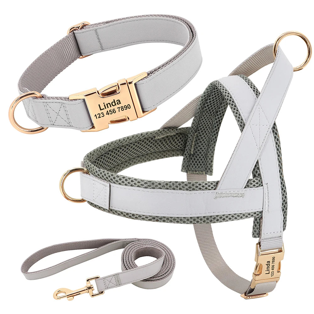 Personalized Leather Dog Collar Harness Leash Set Pet Mesh Vest Harness Customized ID Pet Leads For Small Medium Large Dogs