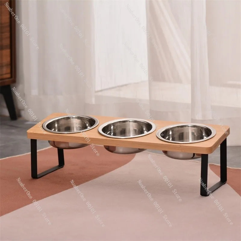 Creative Wooden Cat Bowl Stand,Double-Bowl Pet Feeder with Iron High-Leg Frame,Floor-Standing Pet Feeding Station Dogs and Cats