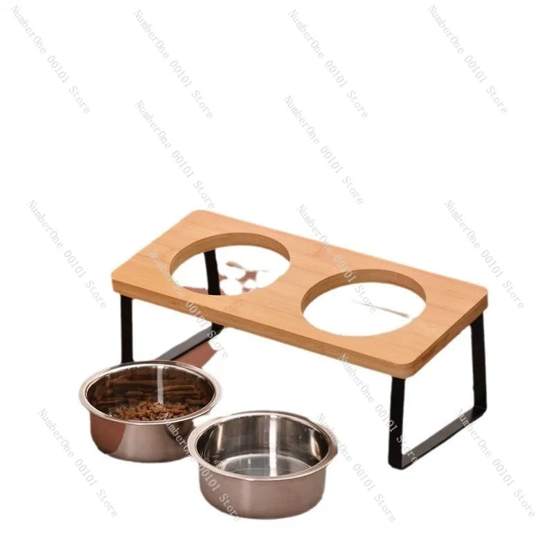 Creative Wooden Cat Bowl Stand,Double-Bowl Pet Feeder with Iron High-Leg Frame,Floor-Standing Pet Feeding Station Dogs and Cats