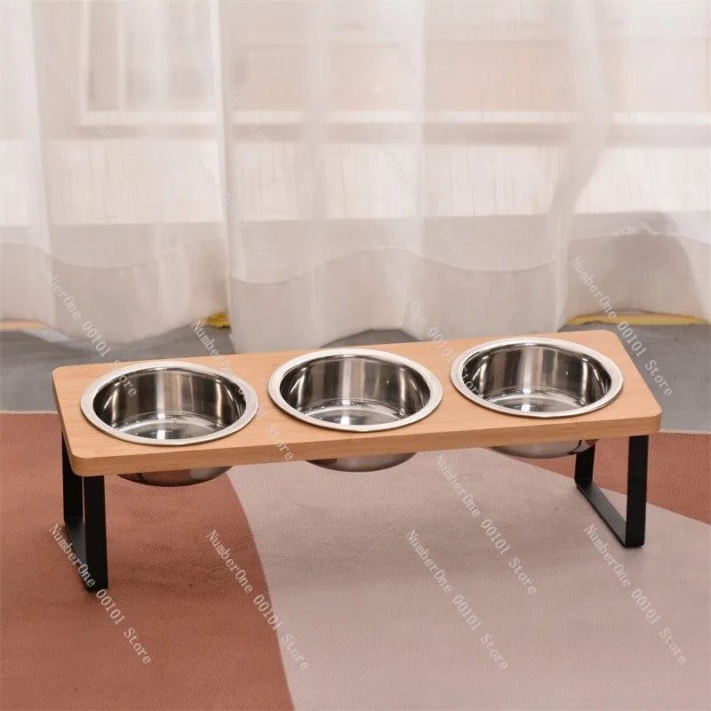 Creative Wooden Cat Bowl Stand,Double-Bowl Pet Feeder with Iron High-Leg Frame,Floor-Standing Pet Feeding Station Dogs and Cats