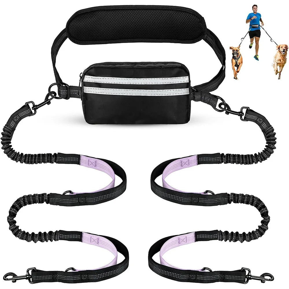 Hands Free Dual Dog Leash with Pouch for Medium & Large Dogs - Crossbody & Waist Leash for Dog Walking - No Pull, Tangle Free