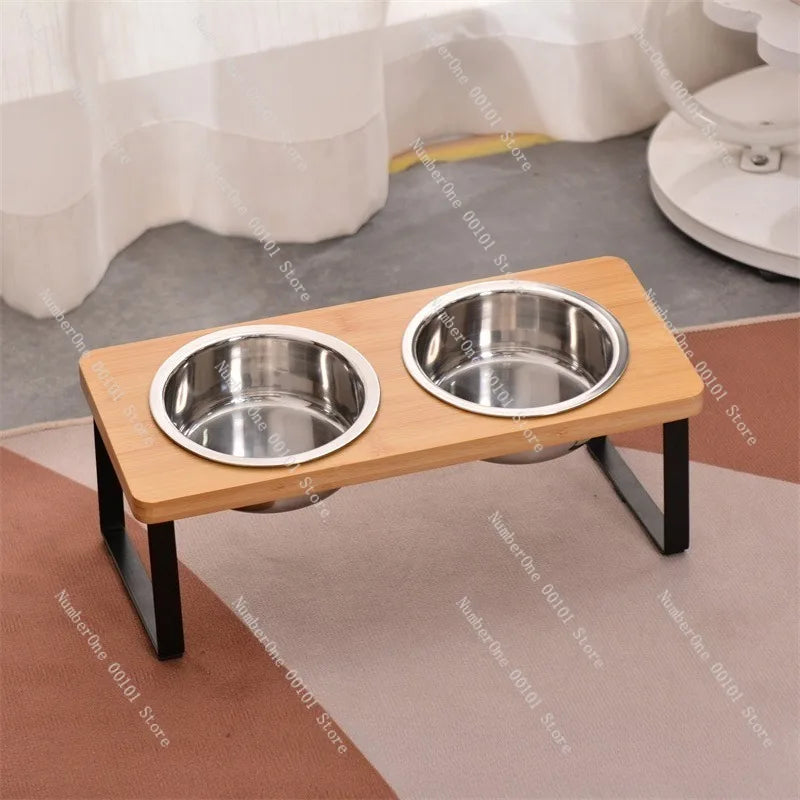 Creative Wooden Cat Bowl Stand,Double-Bowl Pet Feeder with Iron High-Leg Frame,Floor-Standing Pet Feeding Station Dogs and Cats