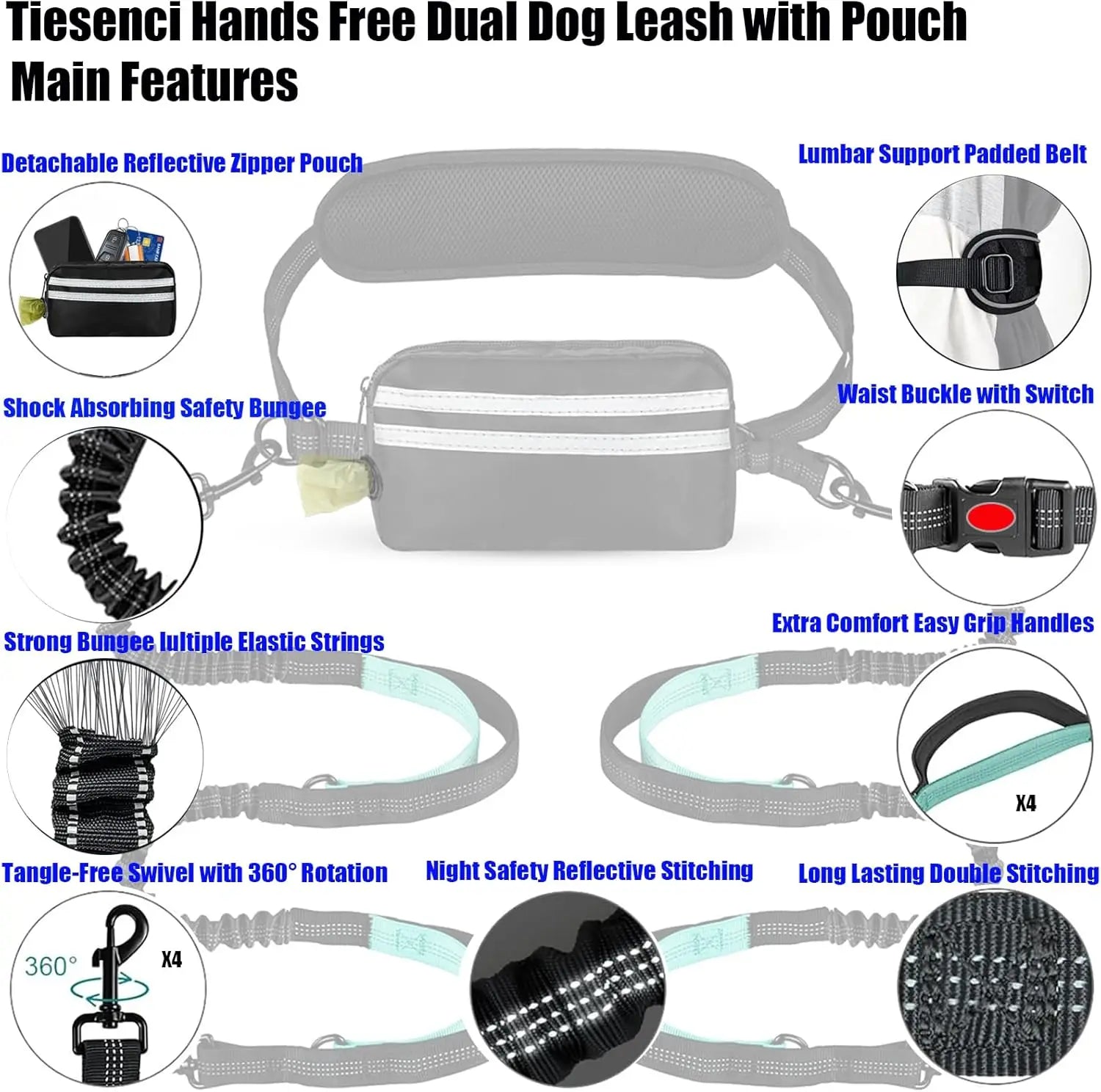Hands Free Dual Dog Leash with Pouch for Medium & Large Dogs - Crossbody & Waist Leash for Dog Walking - No Pull, Tangle Free