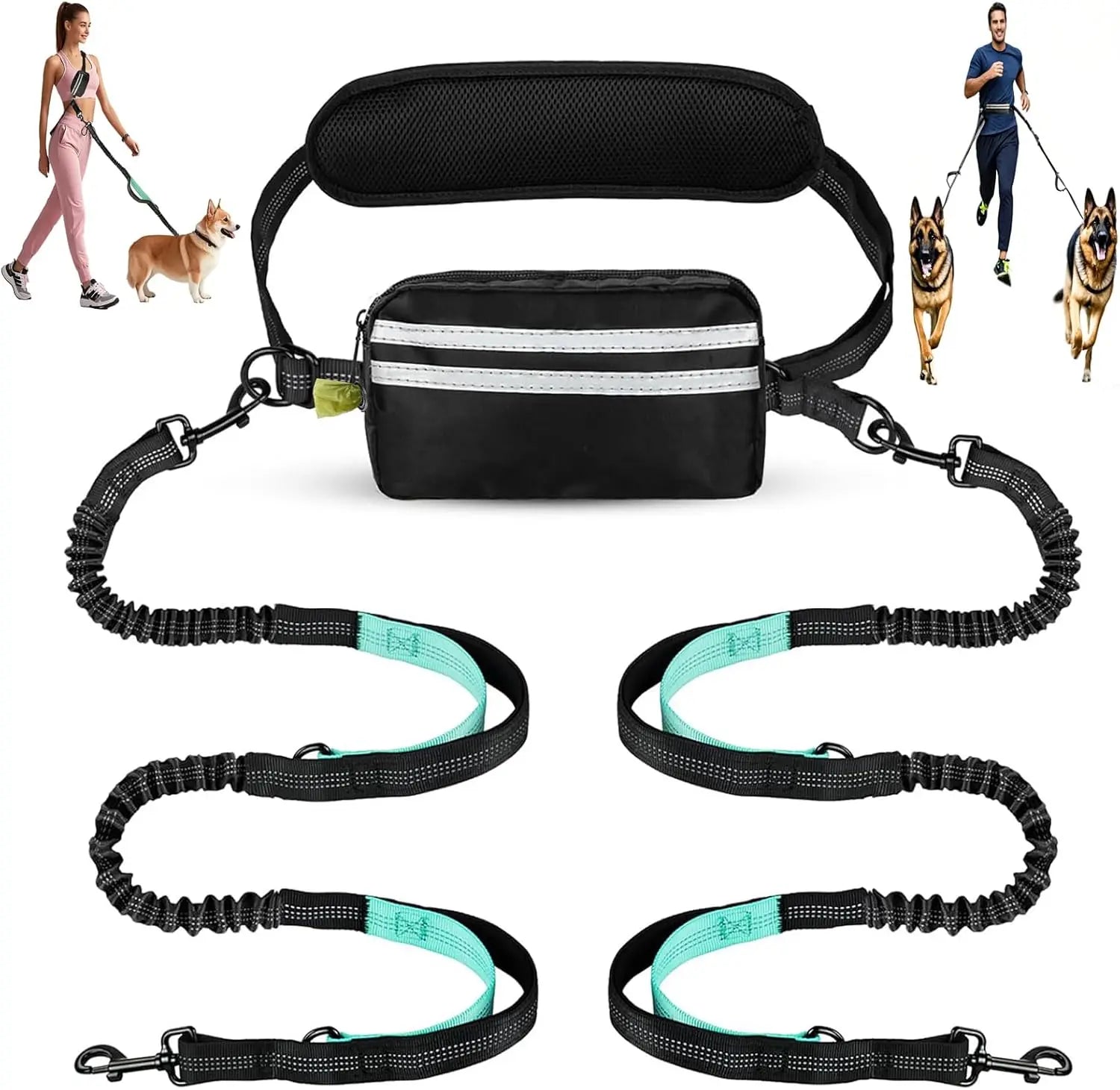 Hands Free Dual Dog Leash with Pouch for Medium & Large Dogs - Crossbody & Waist Leash for Dog Walking - No Pull, Tangle Free