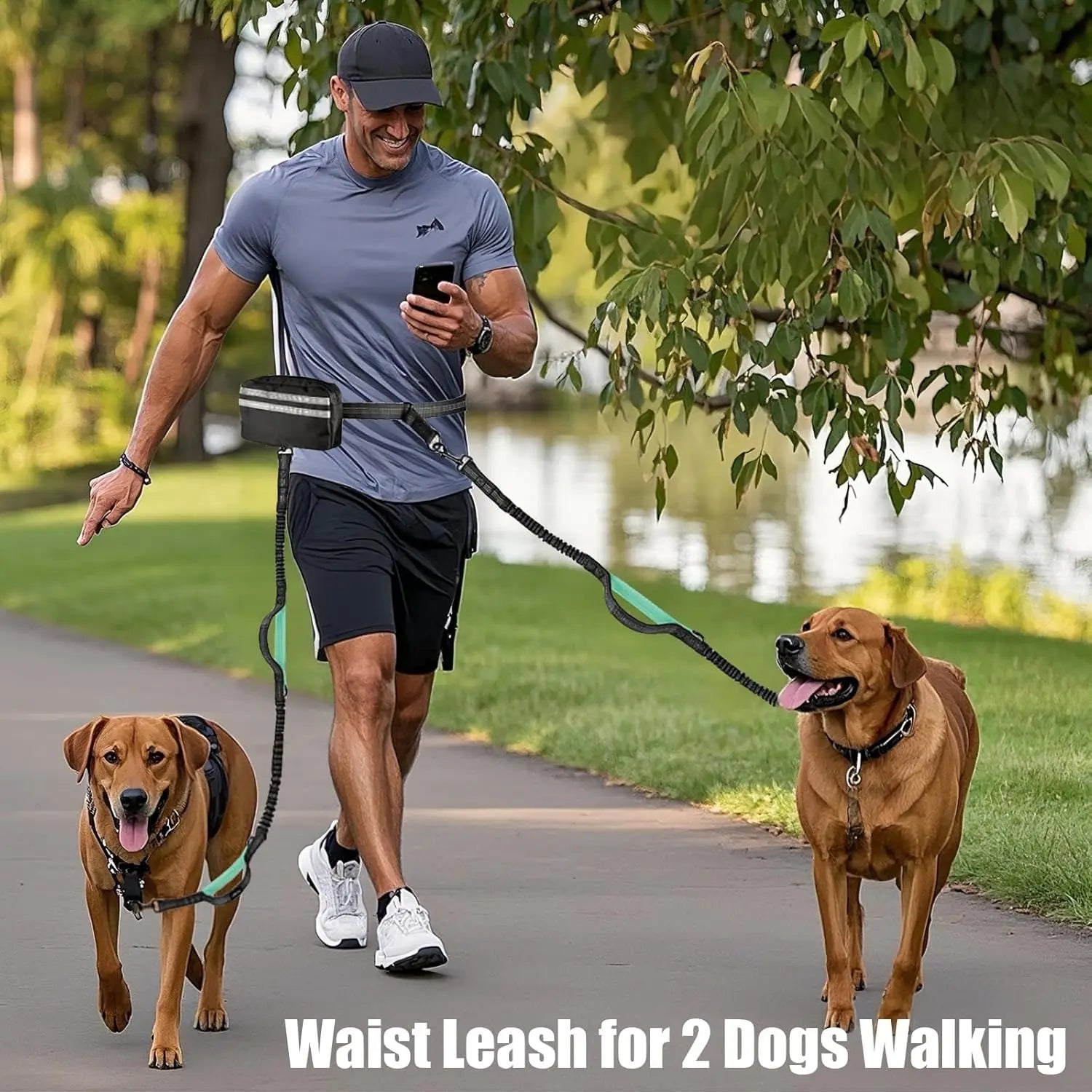 Hands Free Dual Dog Leash with Pouch for Medium & Large Dogs - Crossbody & Waist Leash for Dog Walking - No Pull, Tangle Free