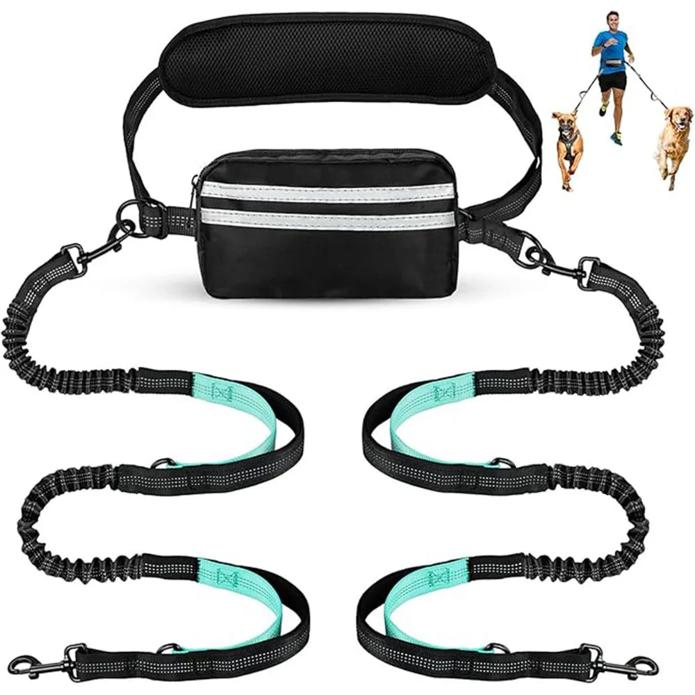 Hands Free Dual Dog Leash with Pouch for Medium & Large Dogs - Crossbody & Waist Leash for Dog Walking - No Pull, Tangle Free