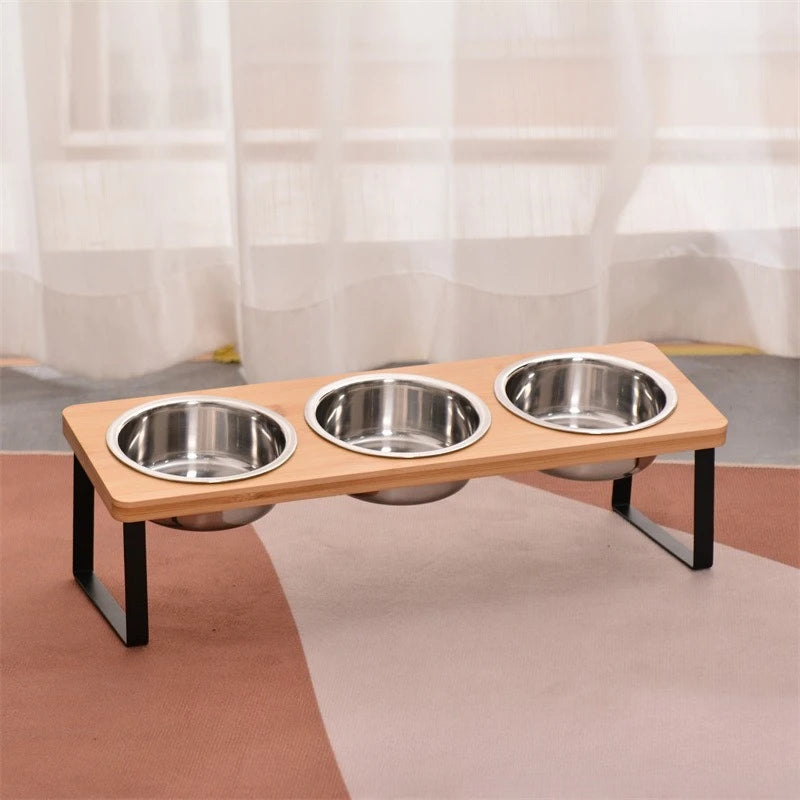 Creative Wooden Cat Bowl Stand,Double-Bowl Pet Feeder with Iron High-Leg Frame,Floor-Standing Pet Feeding Station Dogs and Cats