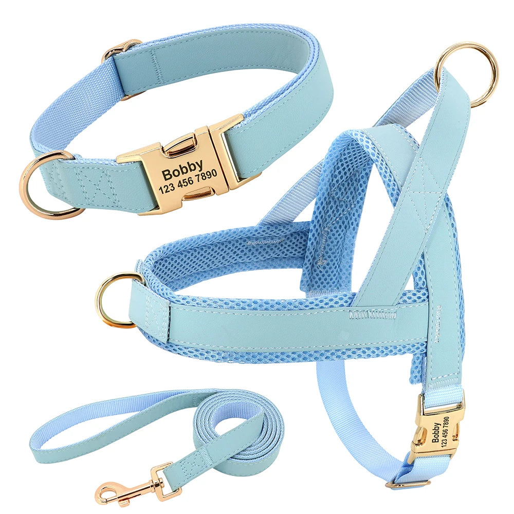 Personalized Leather Dog Collar Harness Leash Set Pet Mesh Vest Harness Customized ID Pet Leads For Small Medium Large Dogs