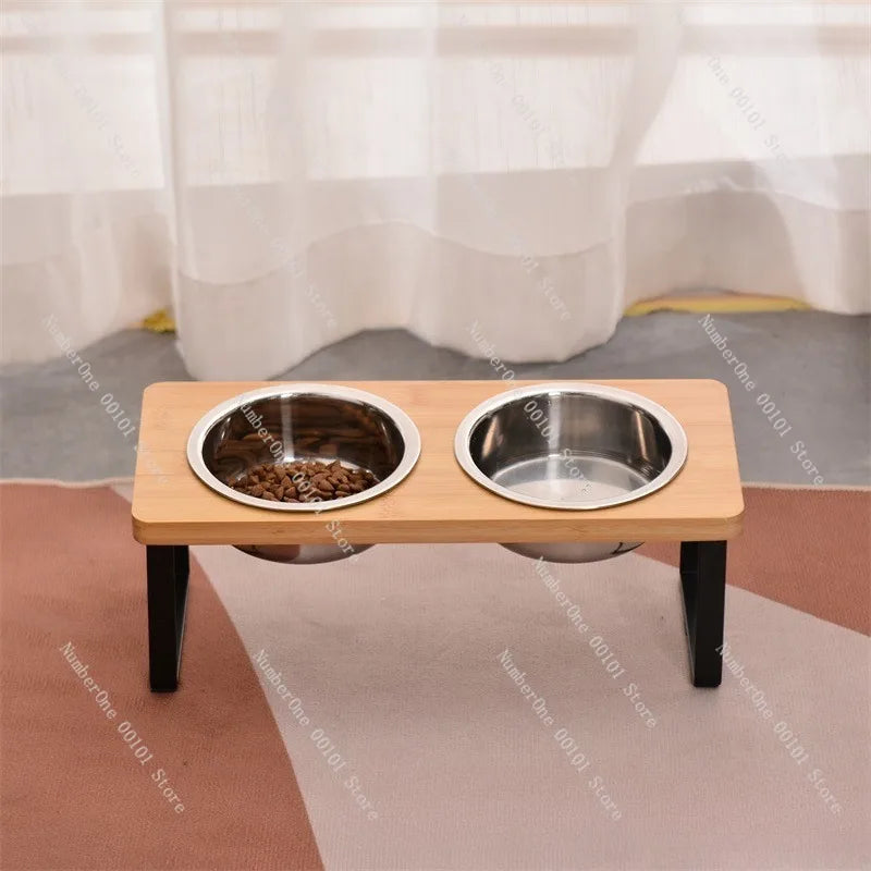 Creative Wooden Cat Bowl Stand,Double-Bowl Pet Feeder with Iron High-Leg Frame,Floor-Standing Pet Feeding Station Dogs and Cats
